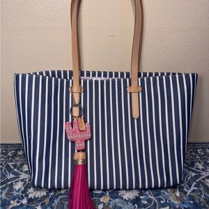 Consuela Blue and White Striped Tote and pink cactus charm